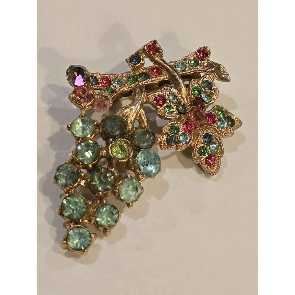 Vintage Fruit Salad Style Rhinestone Grape Floral Brooch Multicolor Pin #1398
